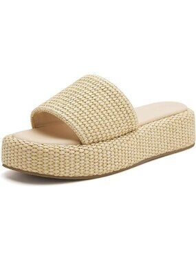 Vodvob Size 10 Sandals Espadrille Raffia Slip-On Beige 1.77" Platform Stylish